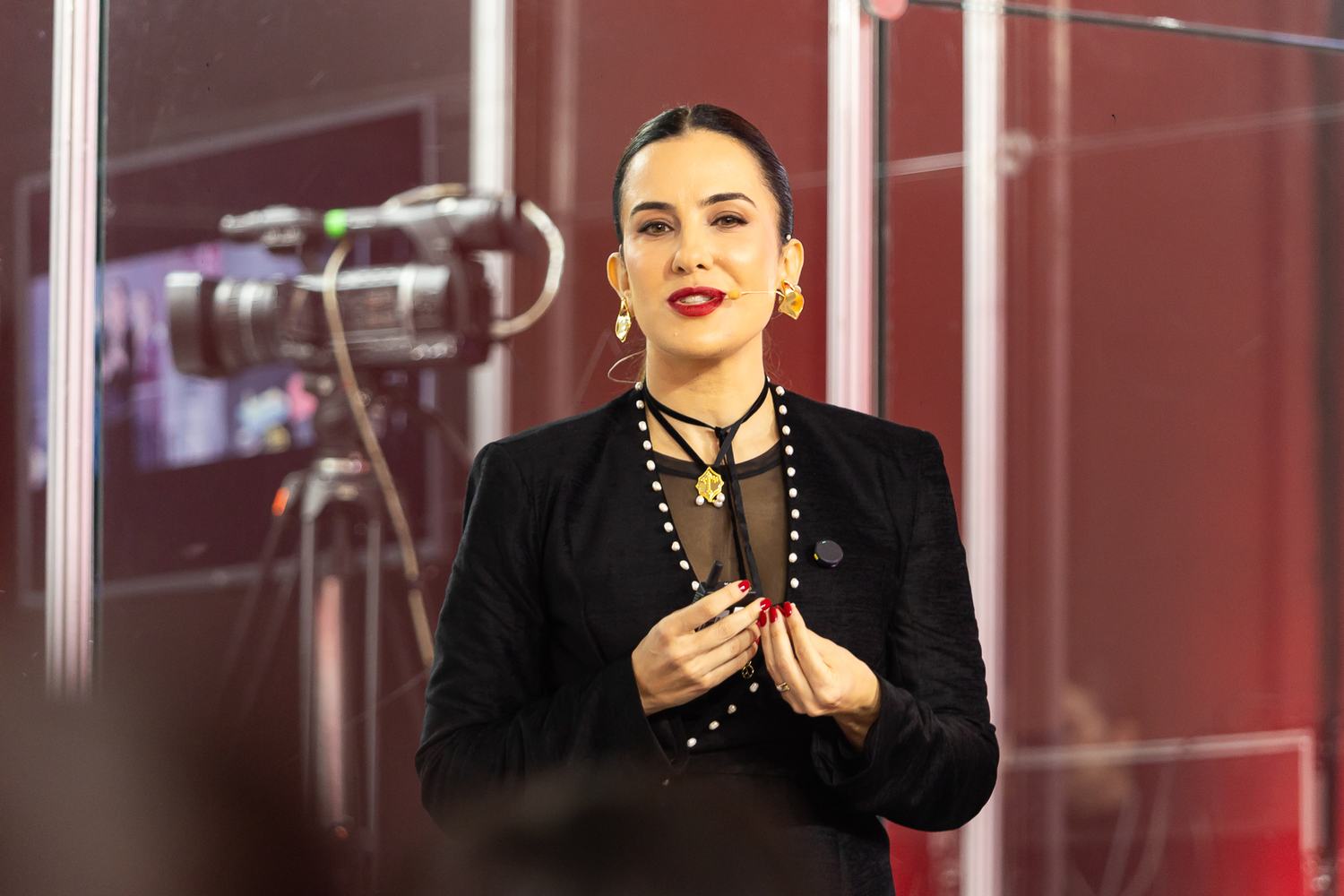 Palestrante fala ao público com o controle de slides na mão
